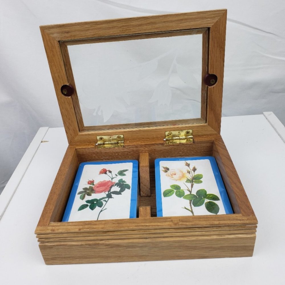 Card Set with Etched Glass Wood Case NWT